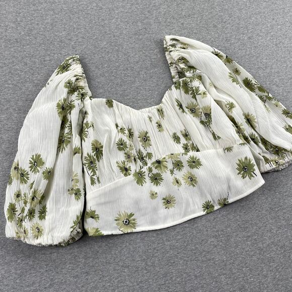 Abercrombie & Fitch Top Womens S Floral Puff Sleeve Crop Green White Crinkle - Picture 8 of 16